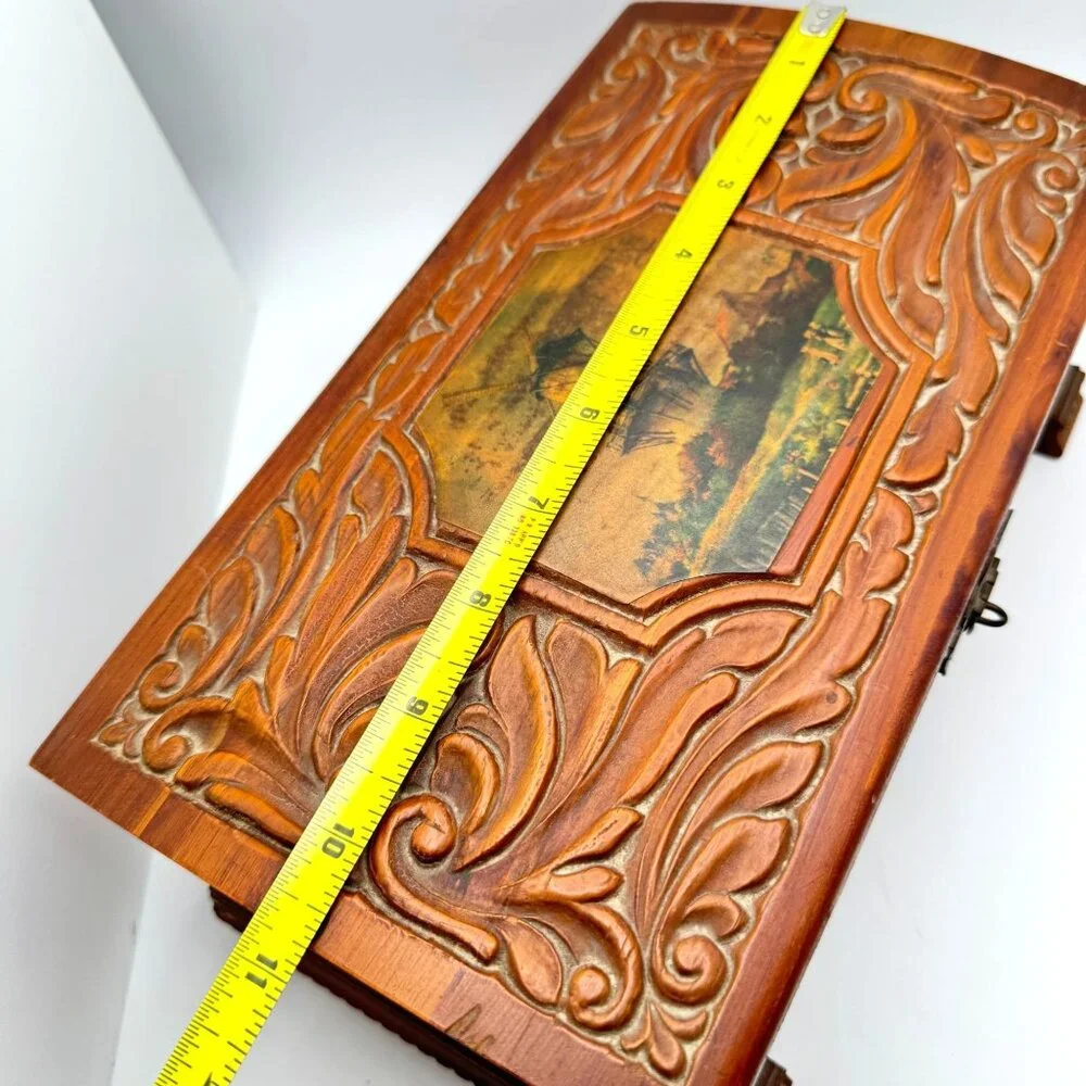 Vtg 1950s Hand-Carved Cedar Wood Jewelry Box Mirror Windmill Footed Base